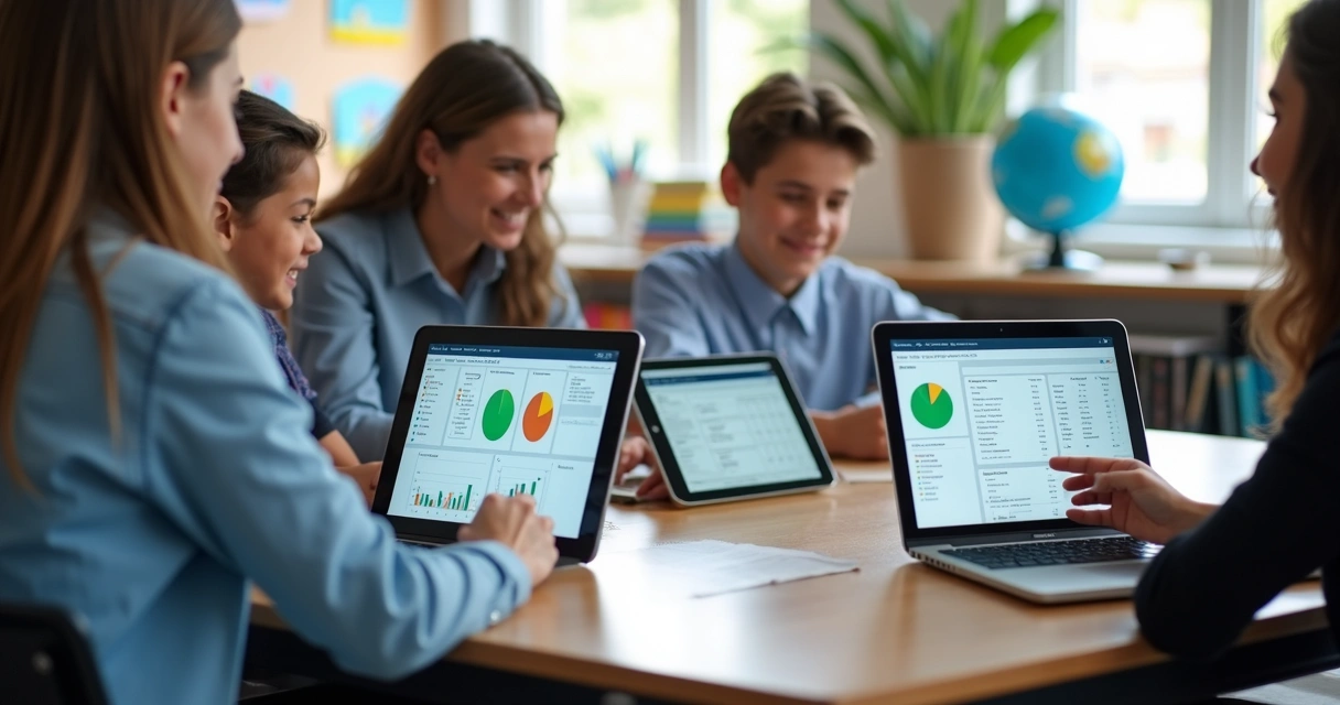 Equipe escolar usando painel digital de gestão pedagógica integrado 