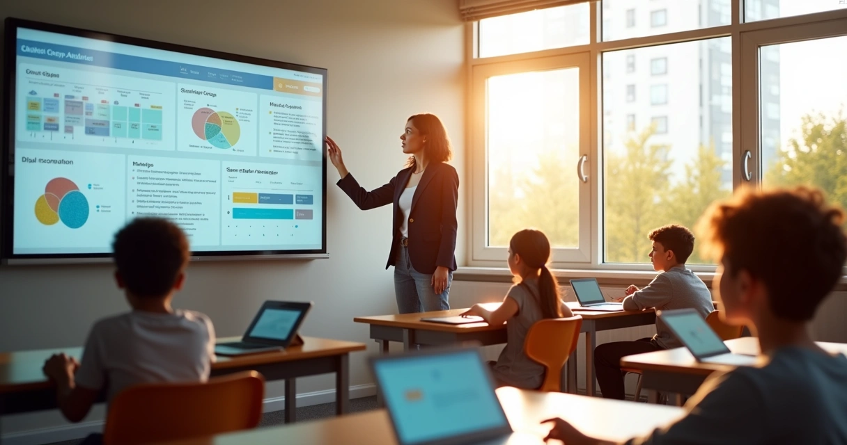 Gestor aplicando sistema digital em sala de aula escolar 