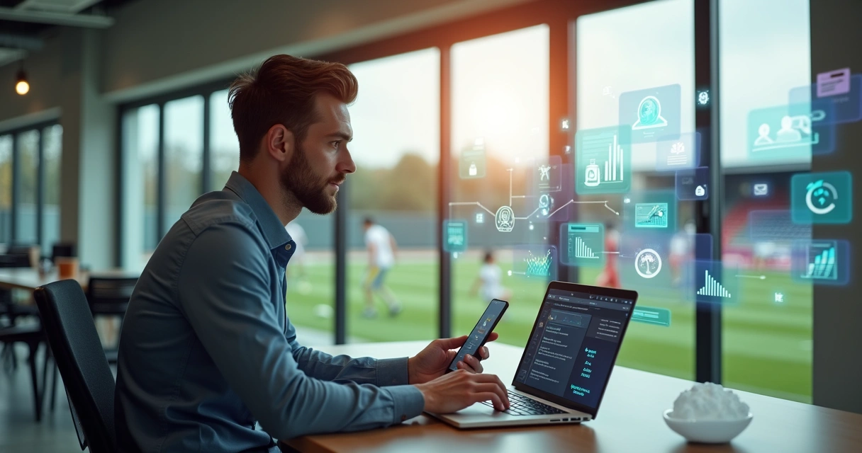 Gestor acompanhando dados de alunos e comunicação digital em escola de futebol moderna 