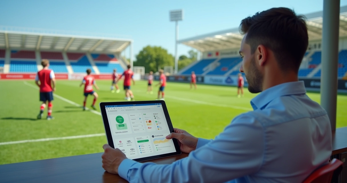 Gestor utilizando plataforma digital para administração de escola de futebol em tablet com ambiente de treino ao fundo 