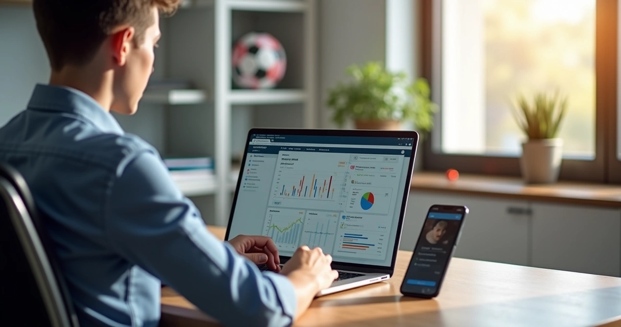 Gestor de escola de futebol usando sistema online para pós-venda no laptop, com celular ao lado e gráficos financeiros visíveis na tela 