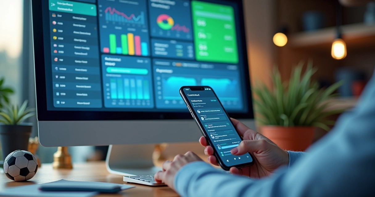 Computador e celular exibindo sistema de gestão escolar para futebol, com gráficos e cadastros visíveis em ambiente de escritório moderno 