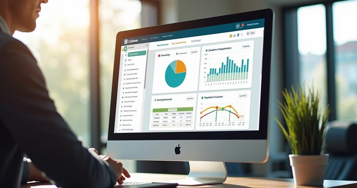 Tela de sistema online mostrando dashboard com controle financeiro e matrículas de escola de futebol 