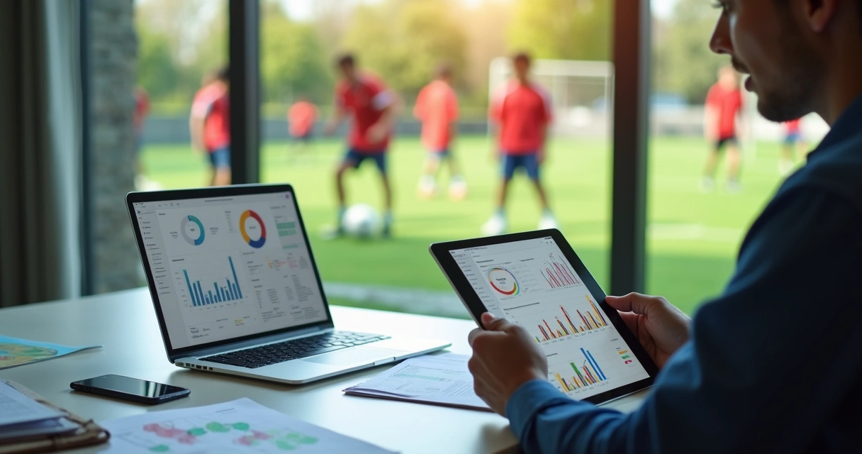 Gestor de escola de futebol usando tablet para acompanhar desempenho e frequência dos alunos com gráficos e notificações na tela 
