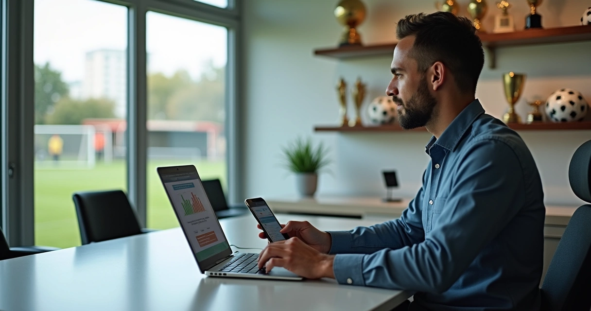 Gestor de escola de futebol usando plataforma digital para controlar cadastros e pagamentos no computador e celular 