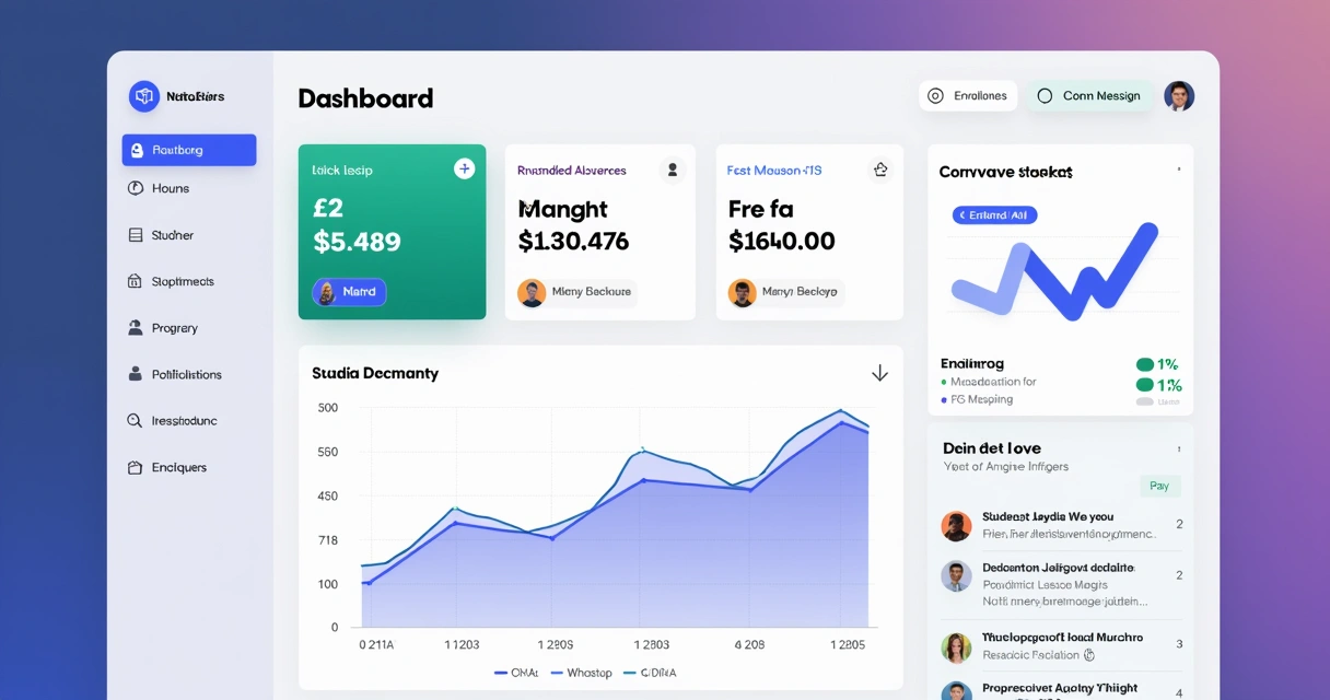 Dashboard de gestão escolar com gráficos de contratos, matrículas e comunicação