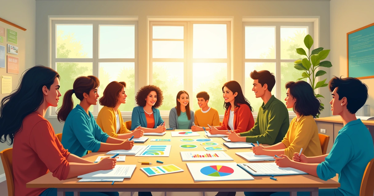 Professores reunidos em sala de aula moderna discutindo estratégias de gestão escolar.