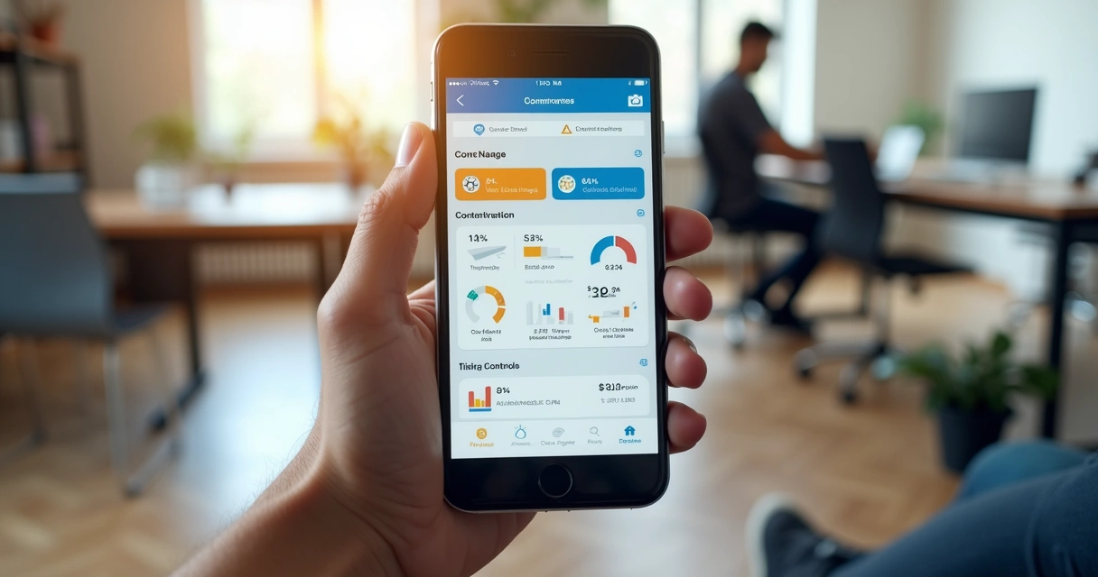 Pessoa usando celular para gerenciar pagamentos e contratos de escola de futebol com gráficos na tela 