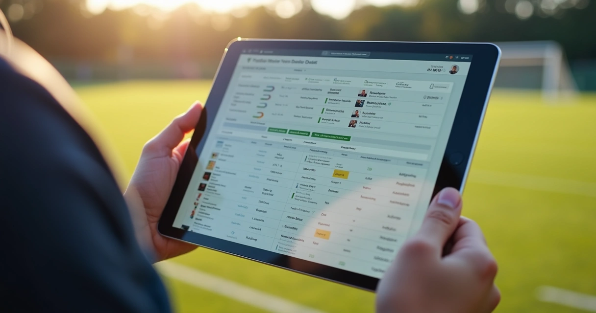 Pessoa usando tablet para controlar sistema de gestão de escola de futebol com gráficos e dados organizados na tela 