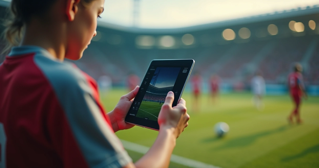 Gestor usando tablet para administrar escola de futebol com interface digital e comunicação em tempo real 