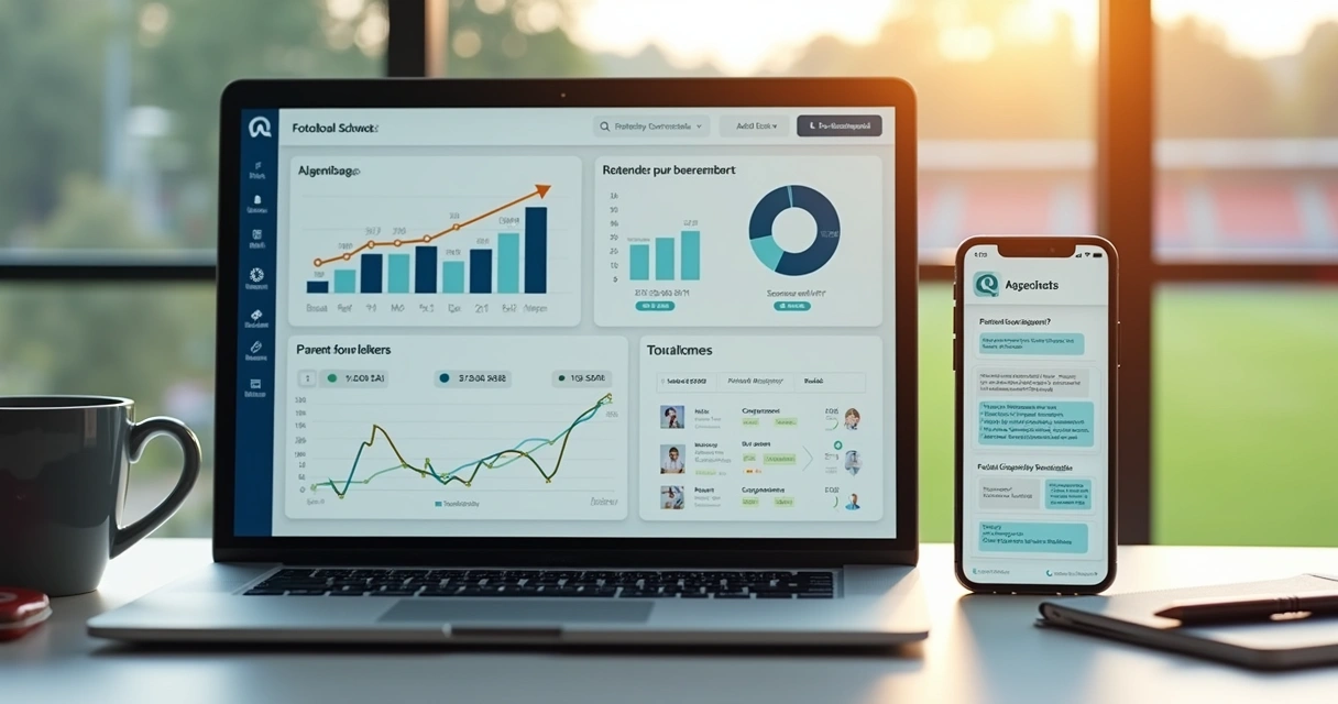 Computador e celular exibindo plataforma digital para gestão de escolas de futebol com gráficos financeiros e sistema integrado 