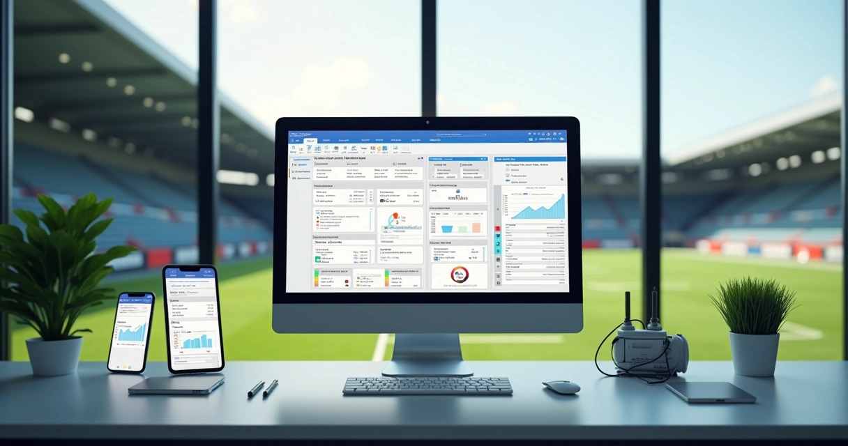 Tela de computador com sistema de gestão escolar de futebol mostrando cadastros, finanças e comunicação centralizada 