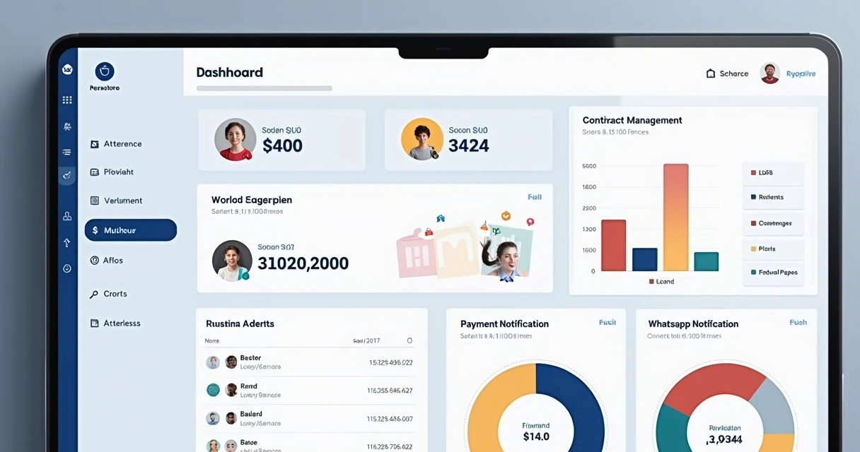 Painel de controle de sistema de cursos mostrando indicadores de presença, contratos, alertas de pagamento e integração com WhatsApp 