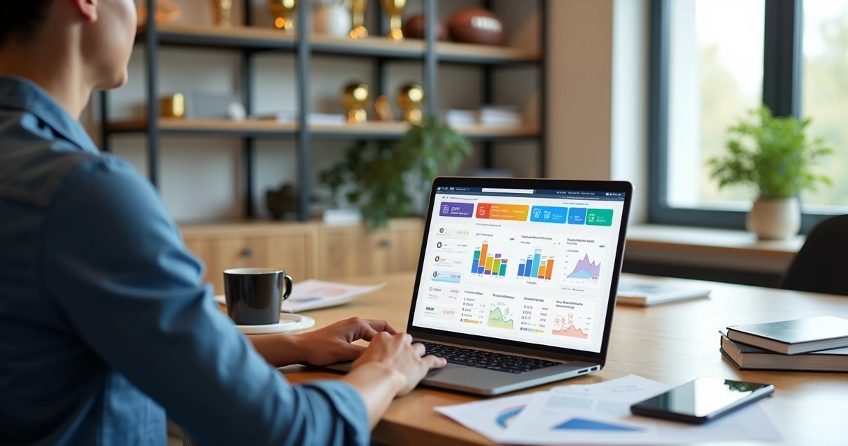 Administrador usando sistema digital para gerenciar escolinha de futebol, com tela mostrando controles de alunos e pagamentos 
