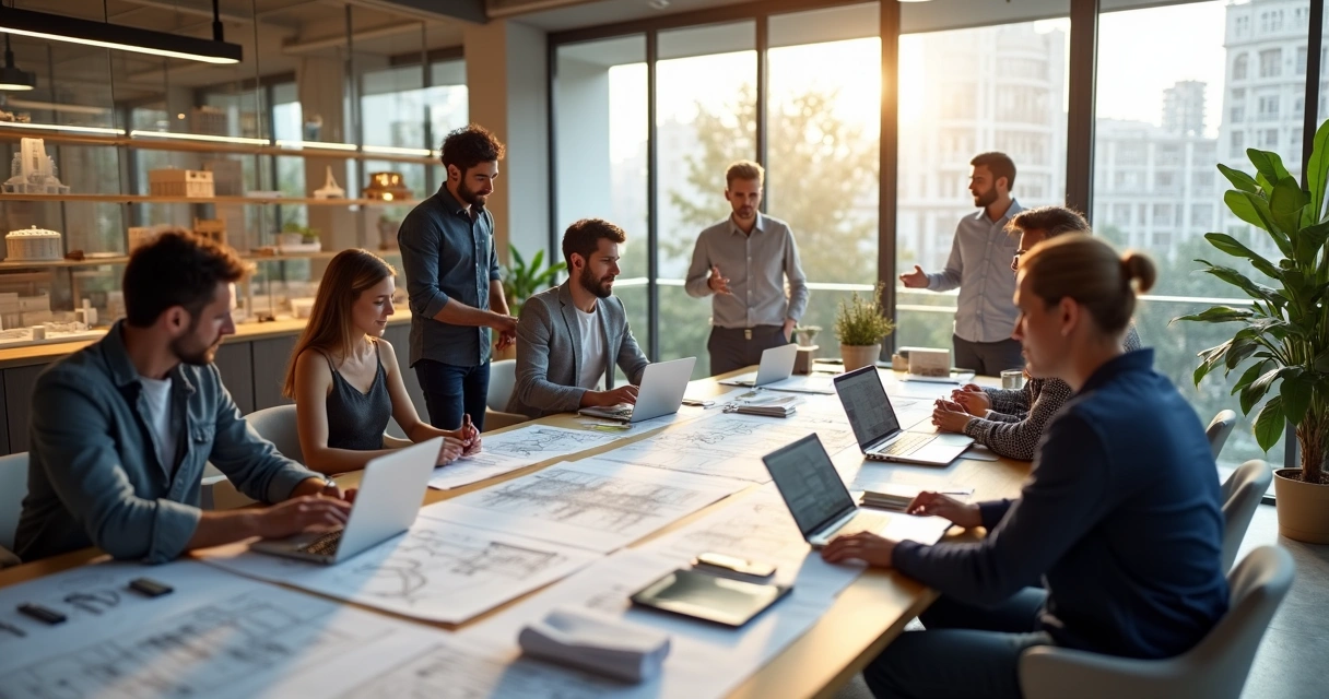 Equipe de arquitetos trabalhando em escritório moderno com plantas e computadores