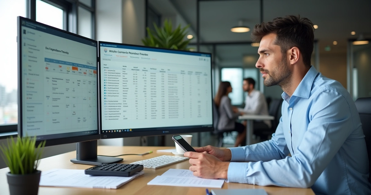 Gestor analisando obrigações do eSocial no computador em escritório corporativo 