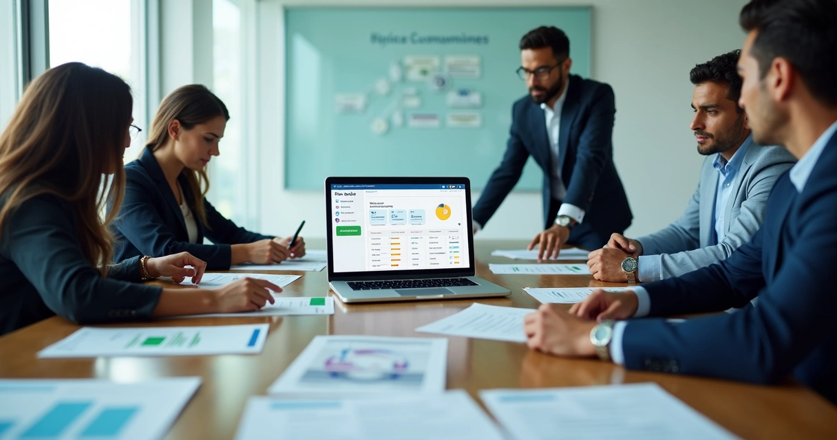 Tela com painel do eSocial em laptop rodeado por equipe analisando obrigações trabalhistas 