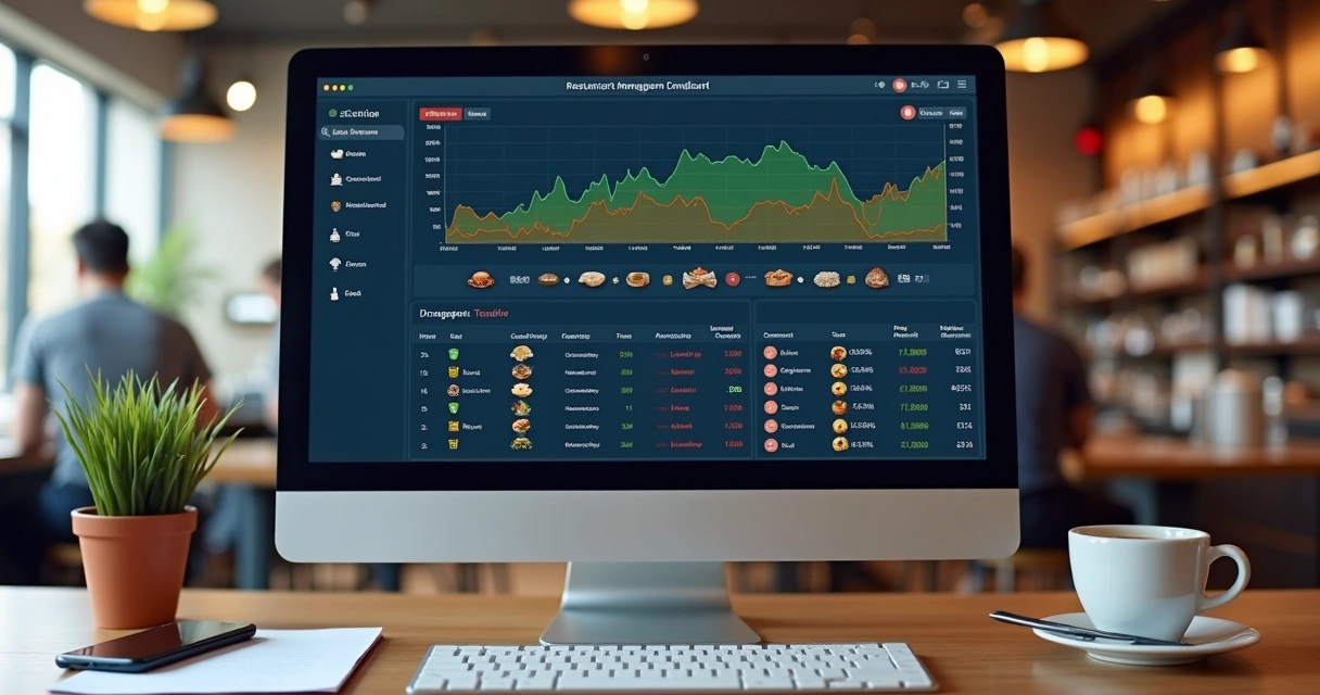 Tela de software de gestão de estoque com gráficos de insumos em restaurante 
