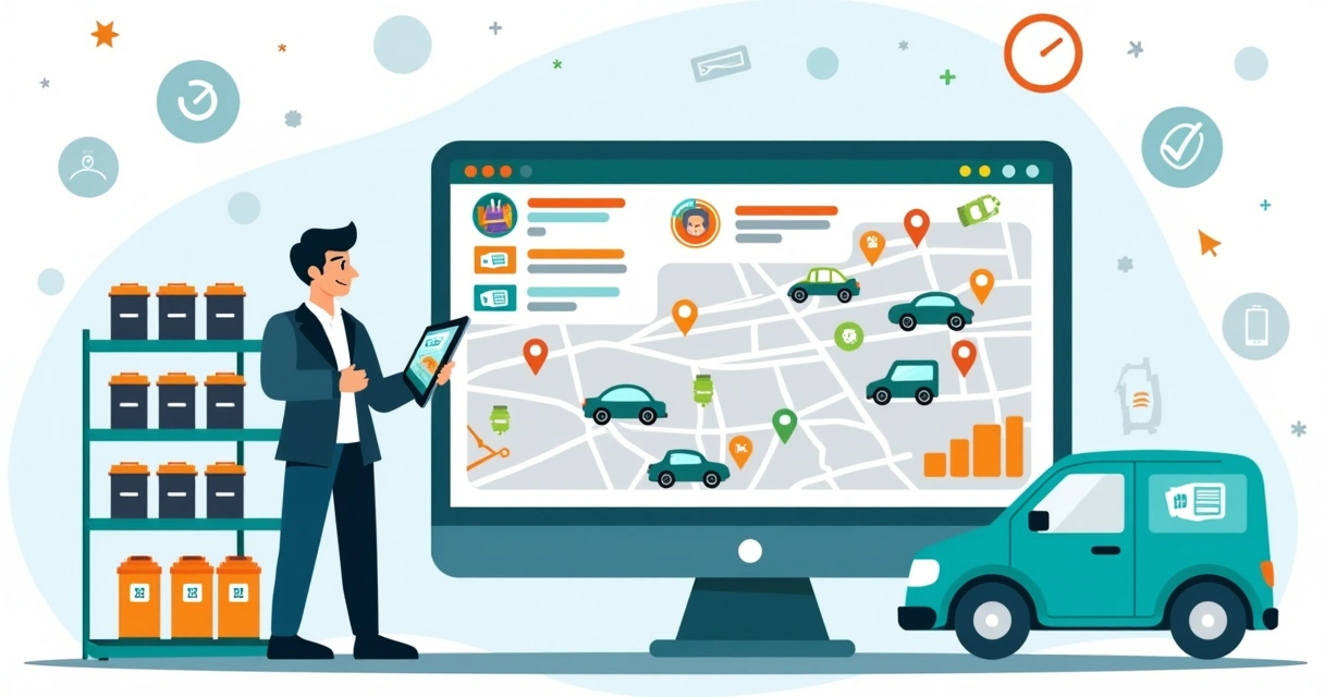 Ilustração de gestor controlando estoque de baterias automotivas em tela com mapa e prateleiras 