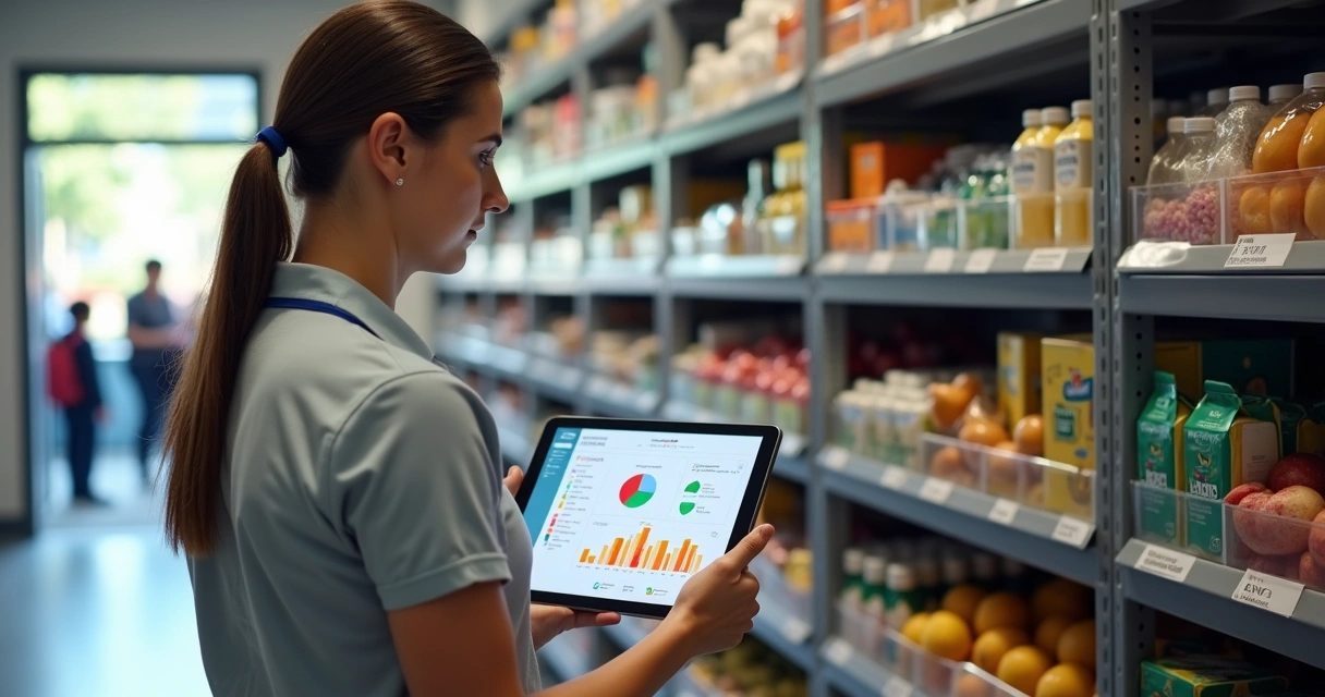 Funcionário de cantina escolar conferindo estoque com tablet em frente a prateleiras organizadas 