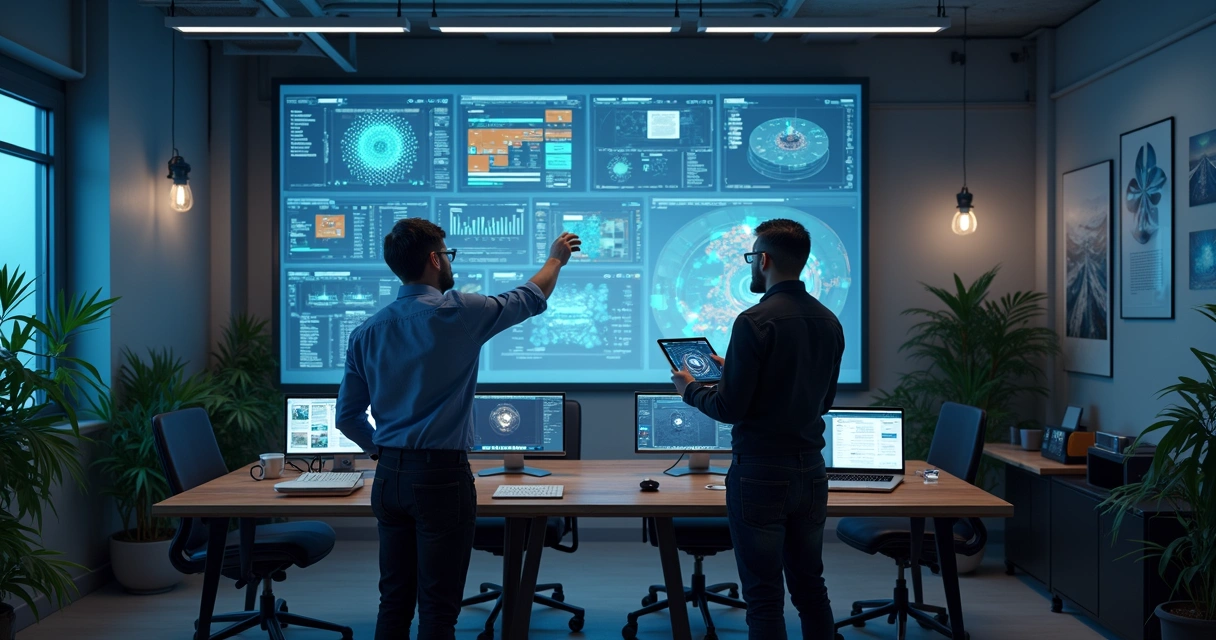 Depósito moderno com prateleiras altas e estoque organizado, trabalhadores usando tablets fazendo controle de inventário digital 