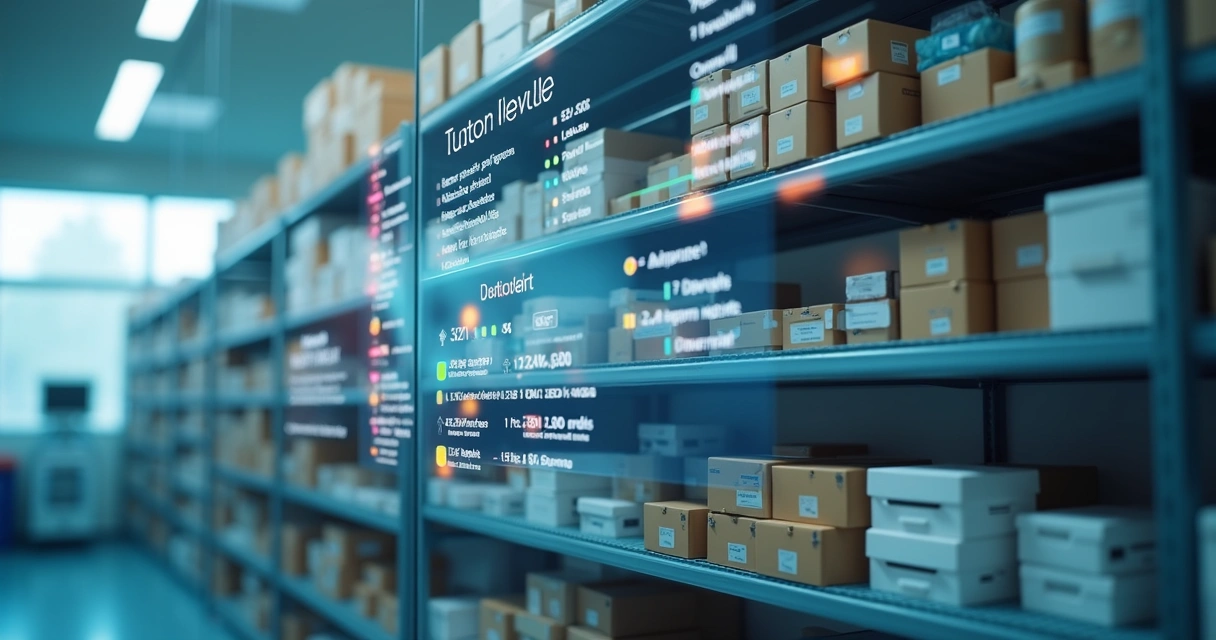 Sistema digital gerenciando medicamentos em prateleiras de clínica