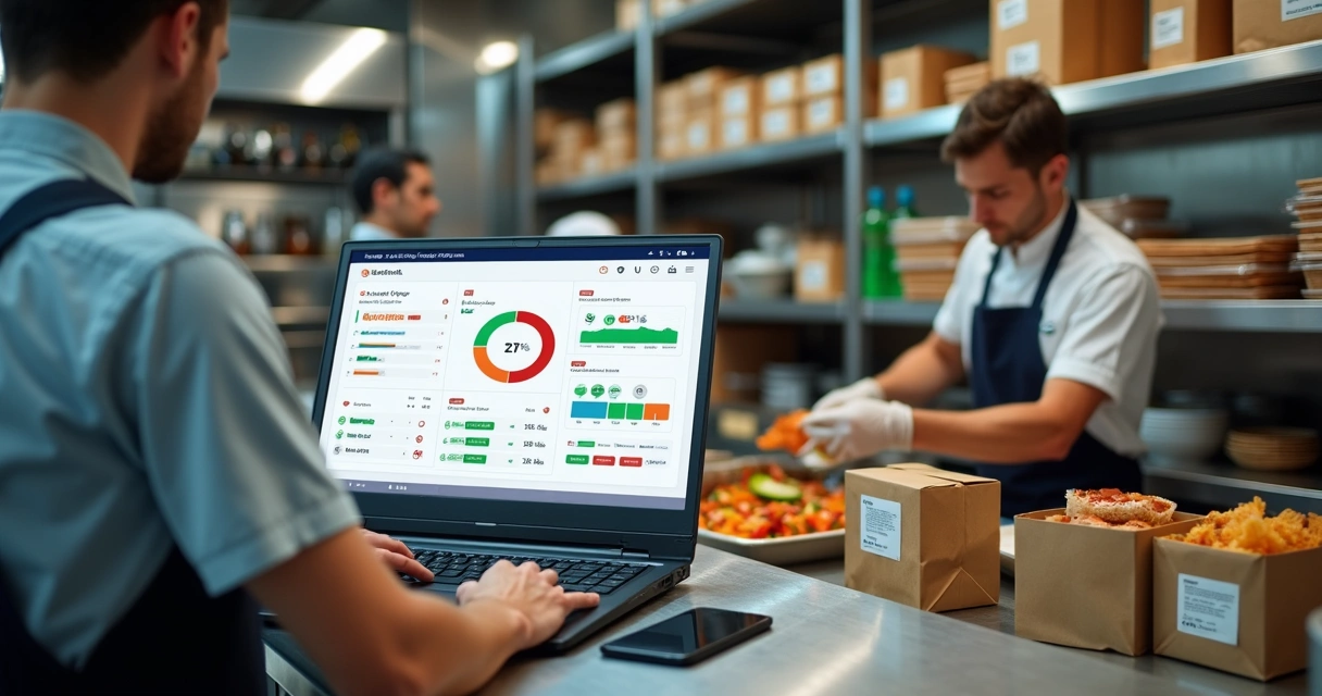 Gestor analisando sistema de estoque automatizado em cozinha de delivery 