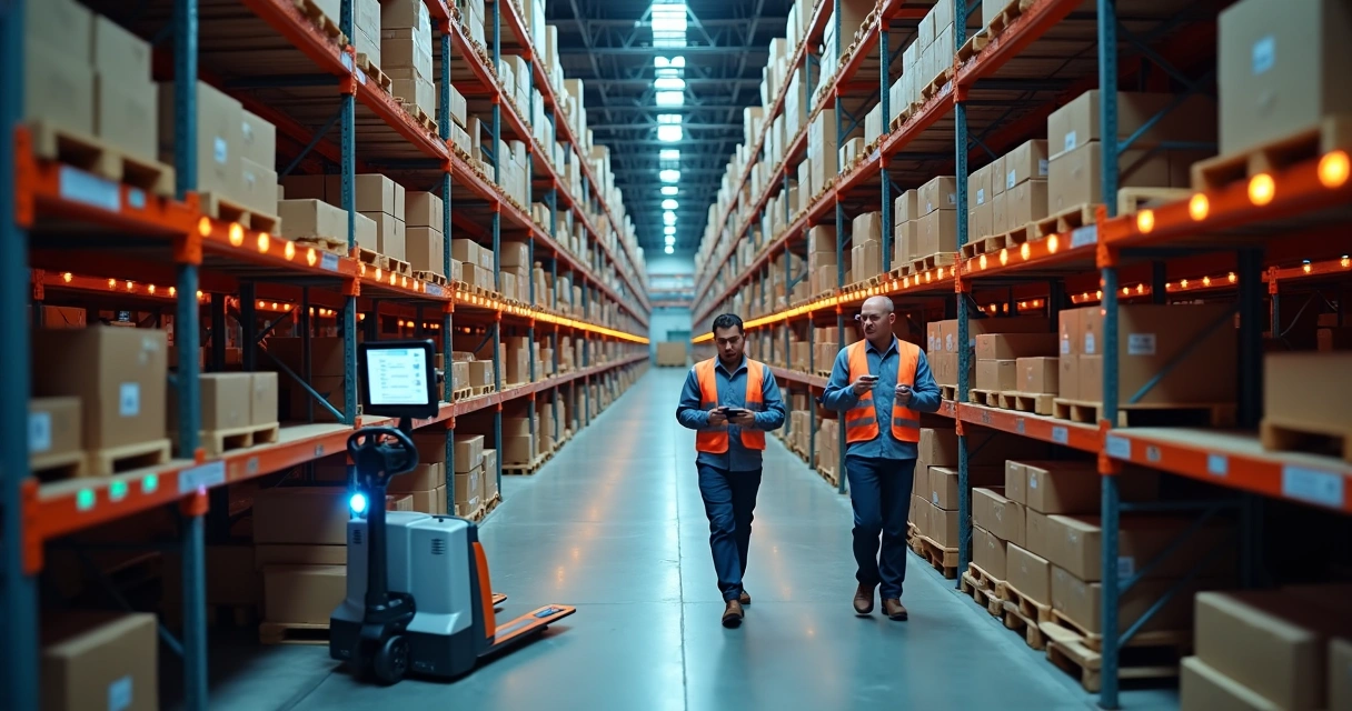 Vista aérea de depósito moderno com prateleiras altas e tablets controlando estoque 