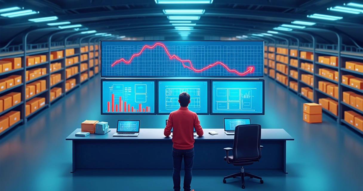 Painel digital mostrando gráficos de estoque em queda 
