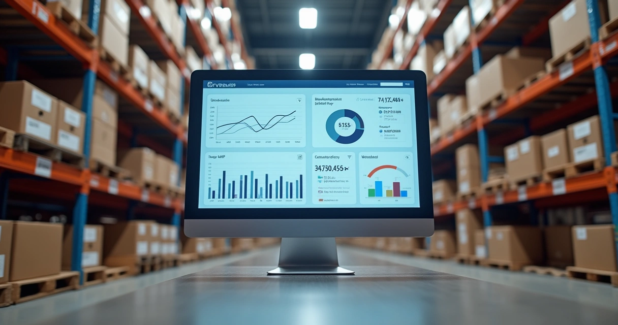 Painel de controle de estoque ERP, prateleiras de produtos e gráficos 