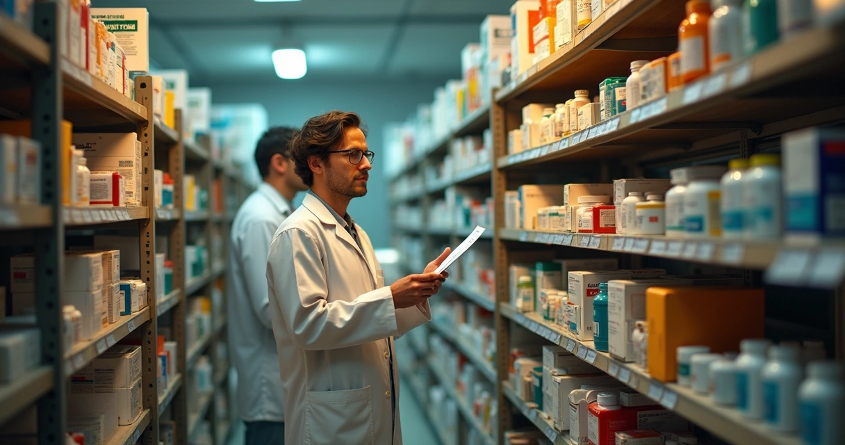 Farmacêutico confuso com estoque desorganizado 