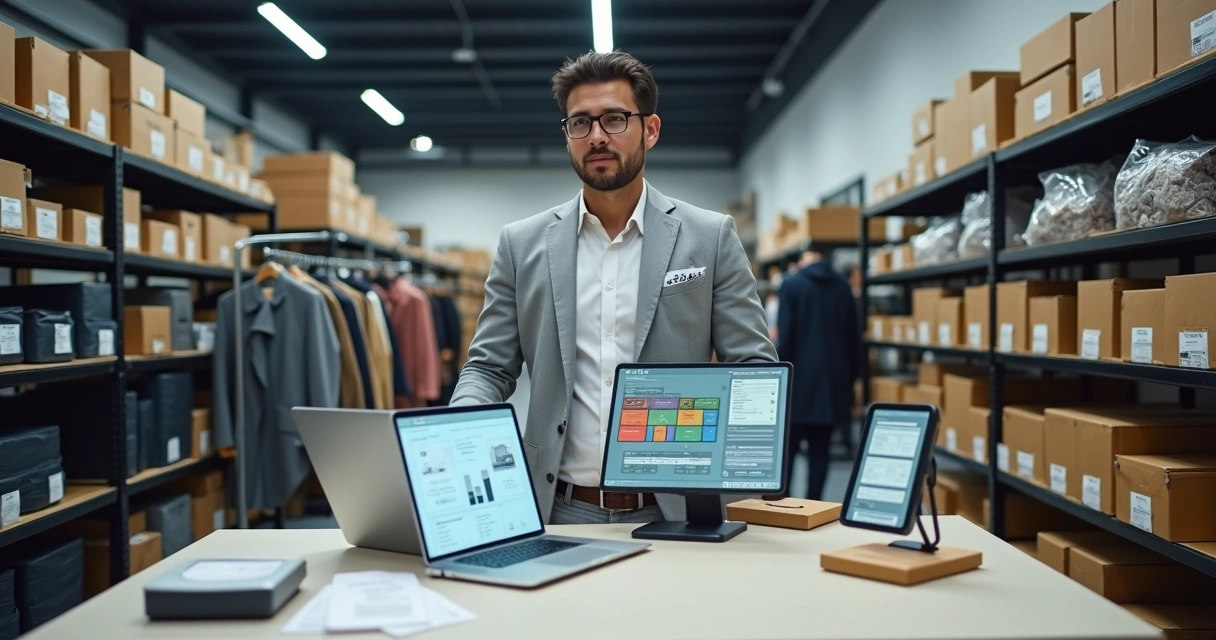 Gestor analisando estoque organizado em loja com integração ao sistema no laptop 