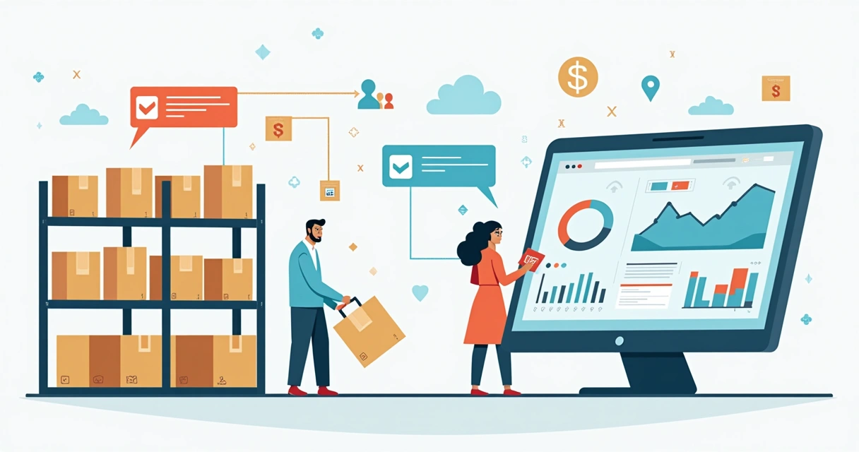 Interface digital de painel de gestão de estoque conectada ao marketplace, com linhas mostrando atualizações em tempo real 