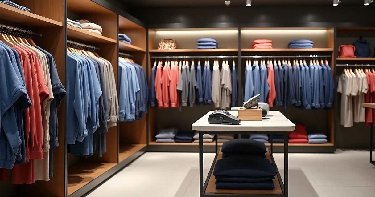 Gestão de estoque com roupas organizadas em prateleiras distintas por cor e tamanho, ambiente de loja moderna 