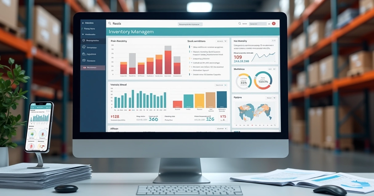 Tela de computador mostrando dashboard gráfico de gestão multicanal com estoque e vendas integrados 