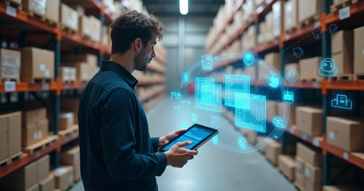 Pessoa conferindo estoque de produtos com tablet e notas fiscais ao fundo 