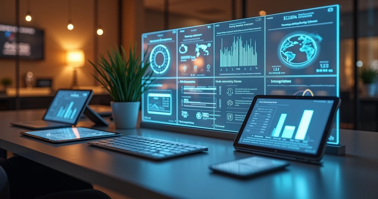 Painel digital mostrando controle integrado de estoque entre e-commerce, loja física e marketplaces em ambiente moderno de alta tecnologia 