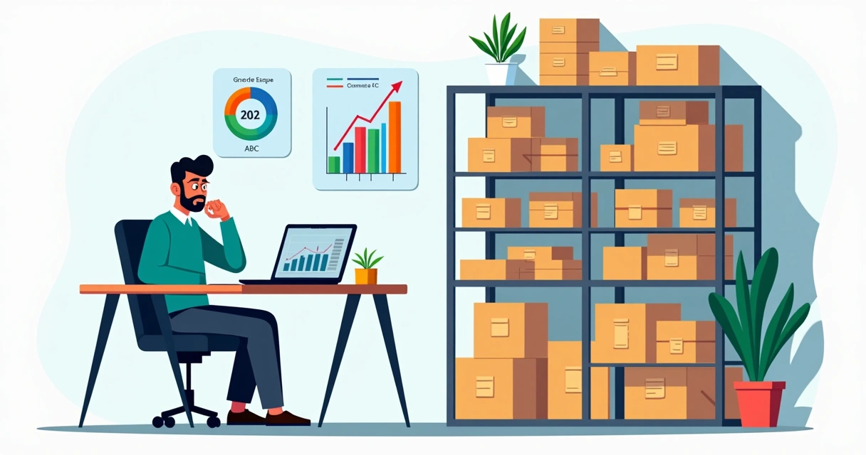 Dono de PME olhando para prateleiras cheias de estoque e caixa vazio no computador 