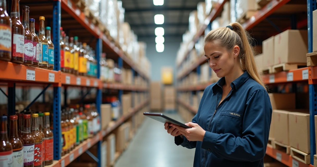 Gestor organizando estoque promocional com caixas coloridas e prateleiras 