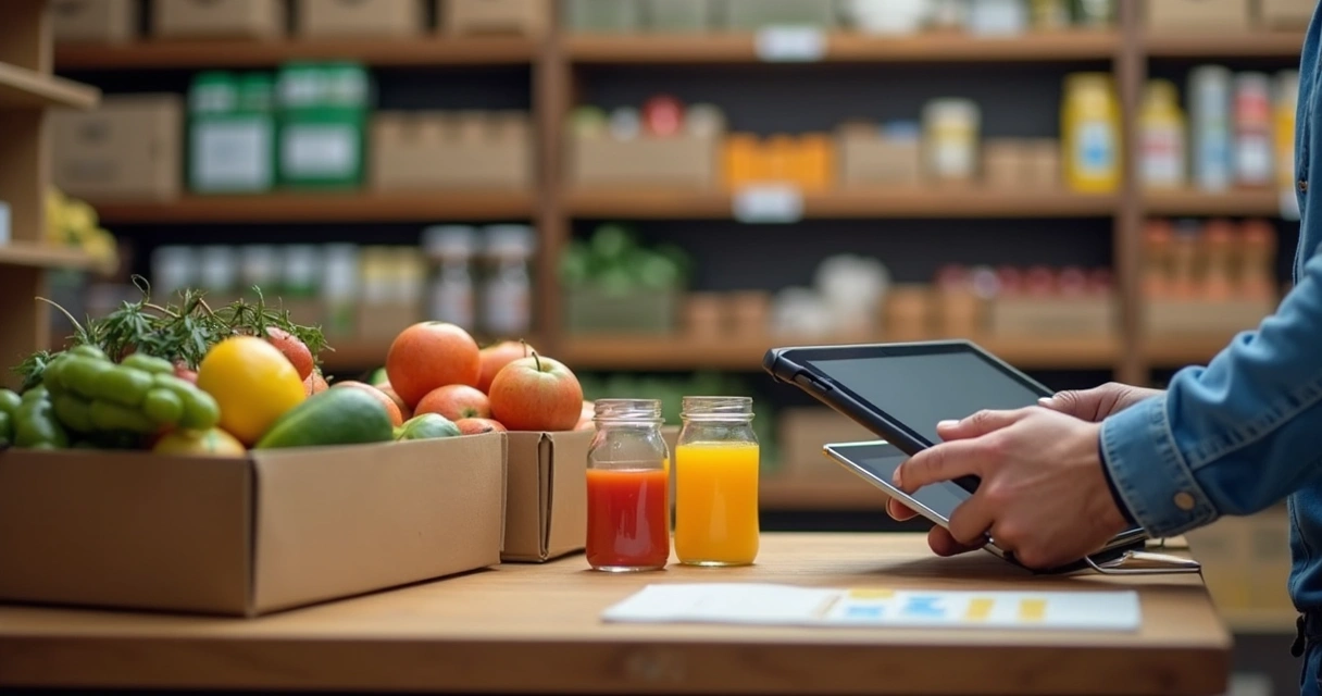 Prateleiras organizadas em estoque de varejo com caixas e produtos etiquetados e gestor usando tablet 