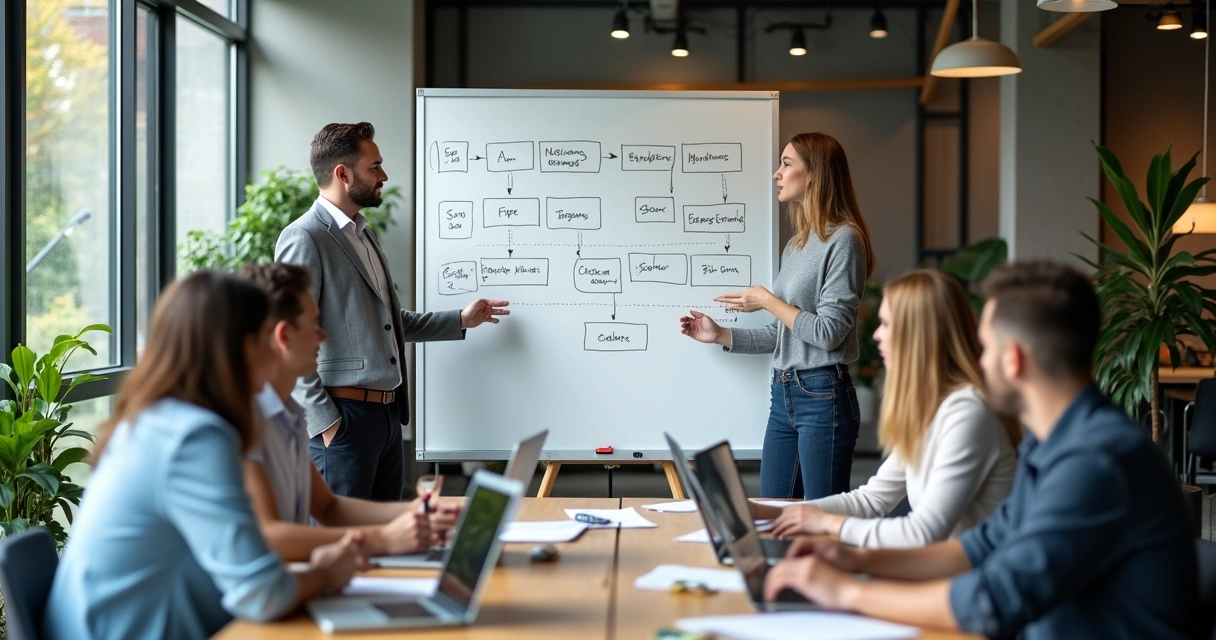 Equipe de agência digital reunida analisando processos em um quadro branco 