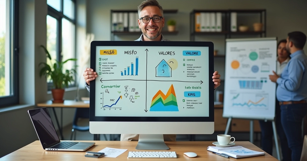 Empreendedor analisando painel estratégico com gráficos e metas em escritório moderno 