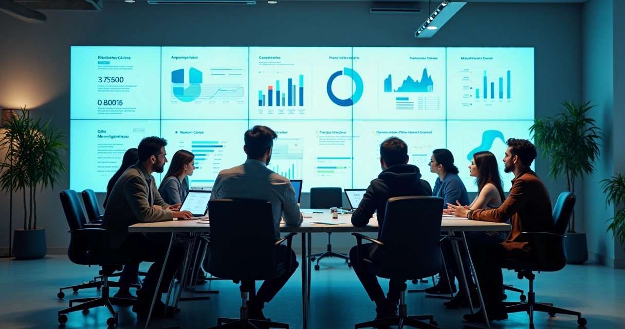 Time de profissionais reunido analisando painéis digitais de gestão 