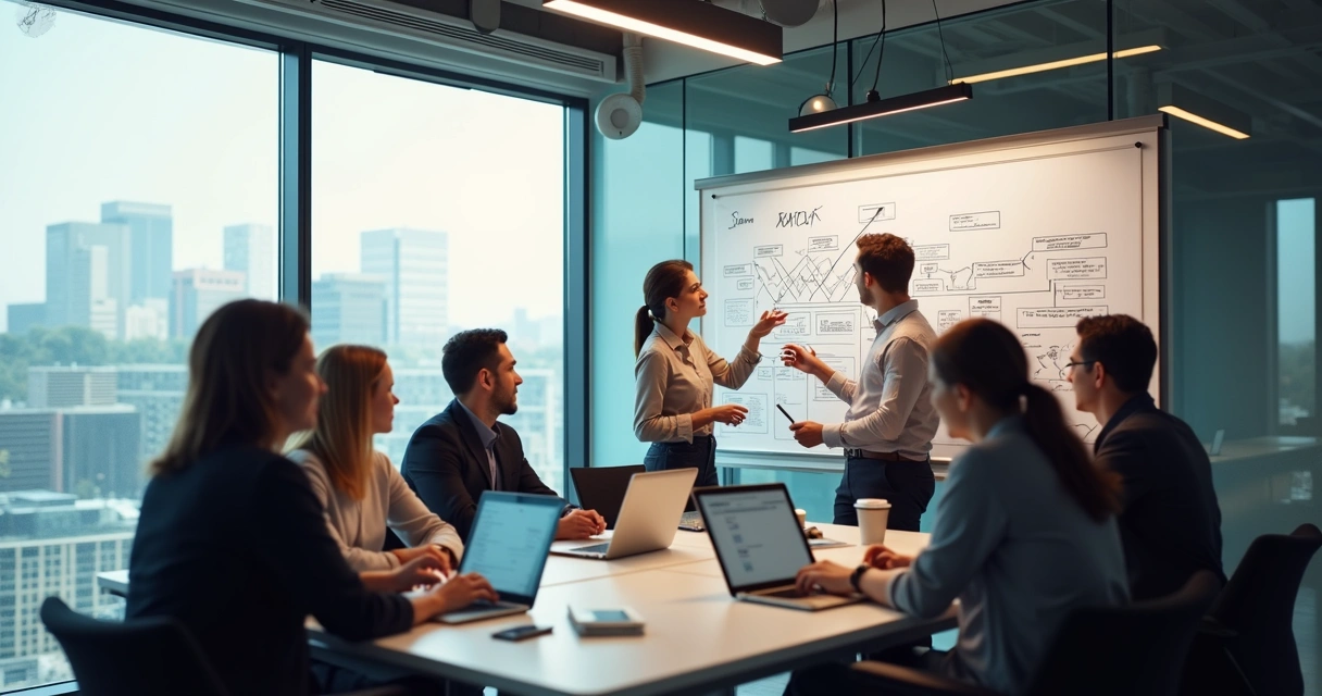 Equipe de tecnologia reunida em sala de reunião moderna, laptops sobre a mesa, quadro branco com roadmap desenhado 