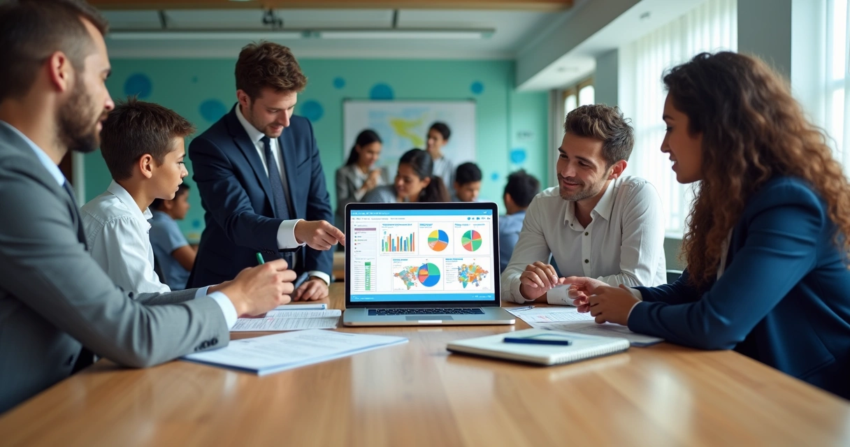 Gestores analisando dados de desempenho em escola privada moderna 