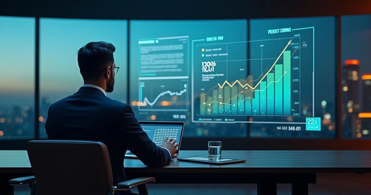 Executivo analisa painel digital com gráficos de IOF e operações financeiras 