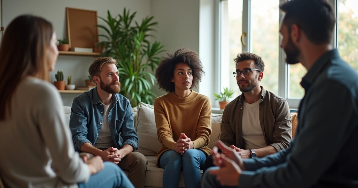 Grupo em sala conversando sobre emoções e estresse 