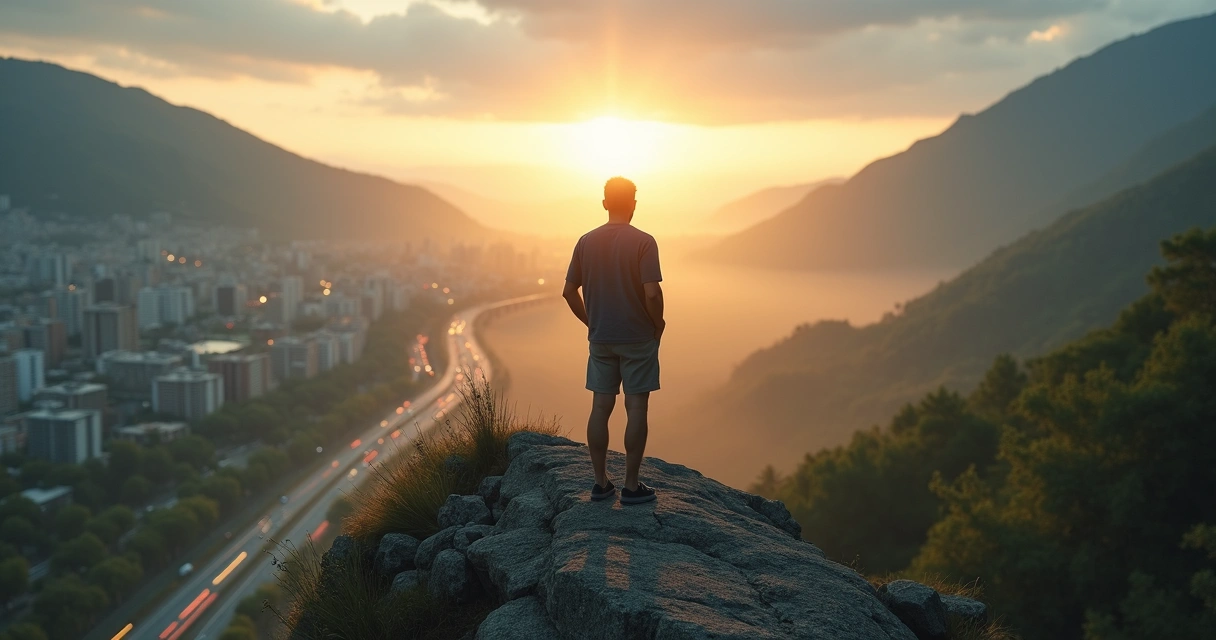 Pessoa observando cidade embaçada de um lado e paisagem nítida de outro 