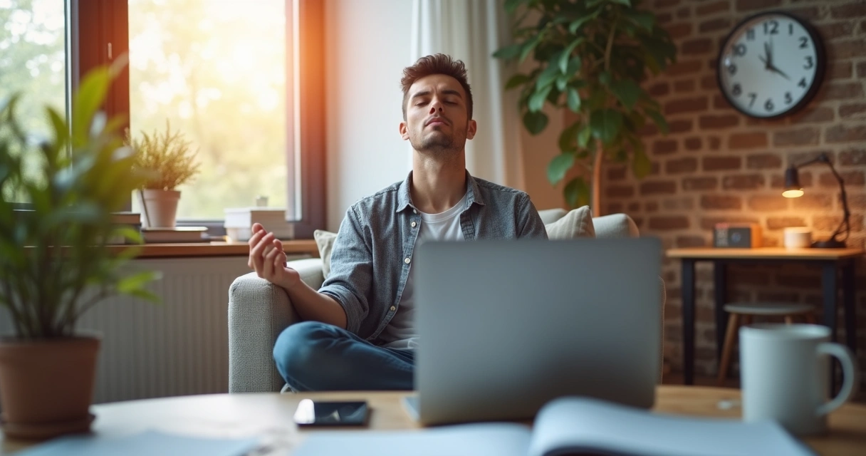 Pessoa meditando em meio à rotina com elementos de estresse ao redor 