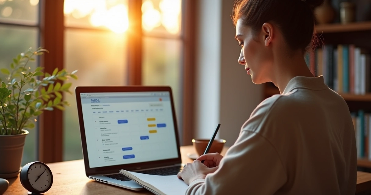 Pessoa organizando o tempo com foco em propósito em frente a um calendário digital 